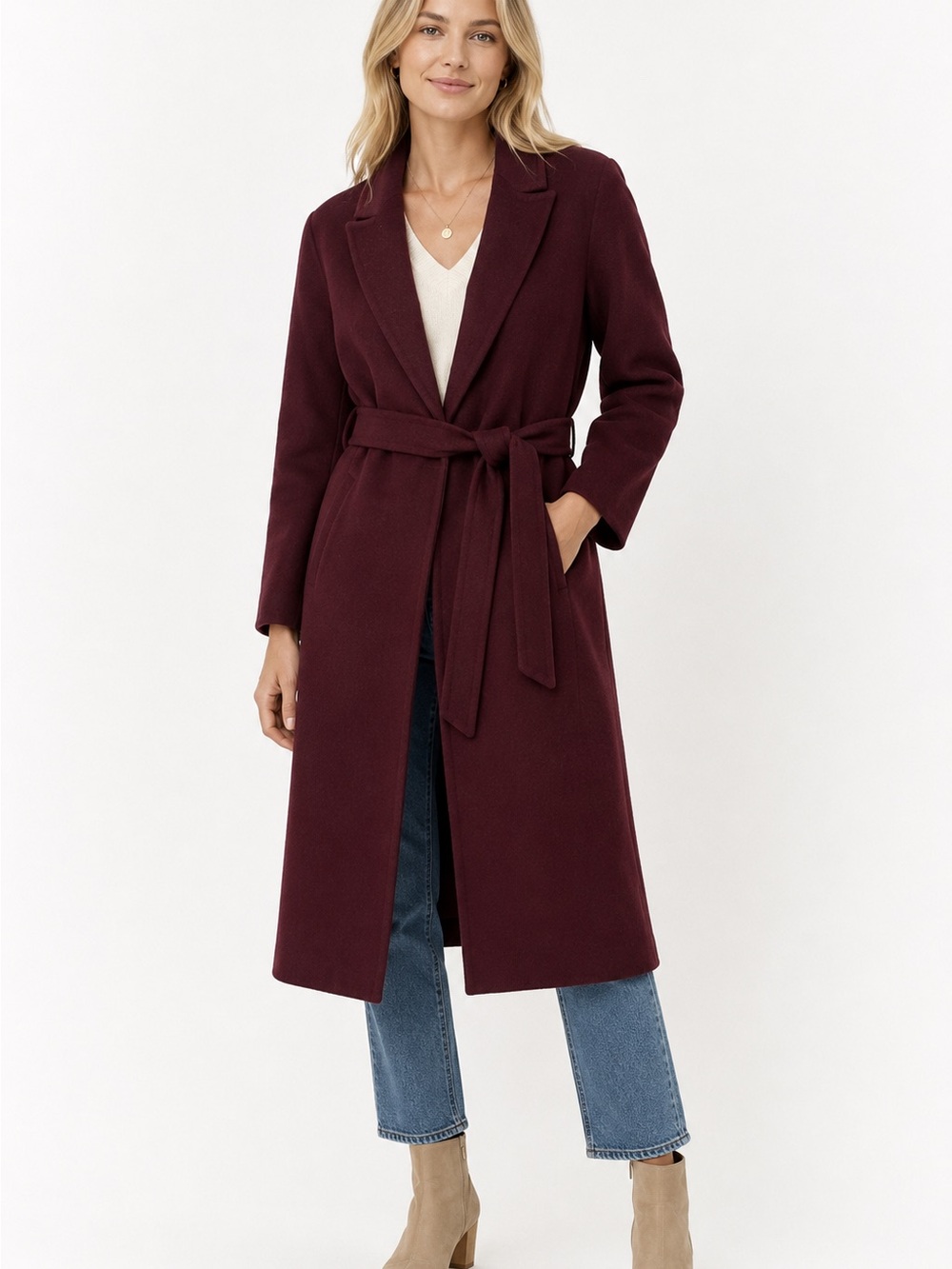 Vince Wool Cashmere Wrap Coat Burgundy Belted Long Coat Small